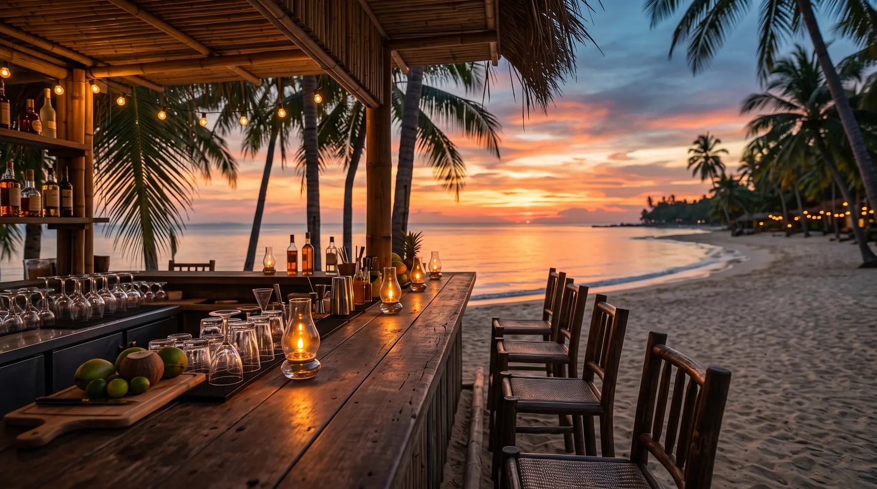 Outdoor resort bar counter overlooking the sea at sunset