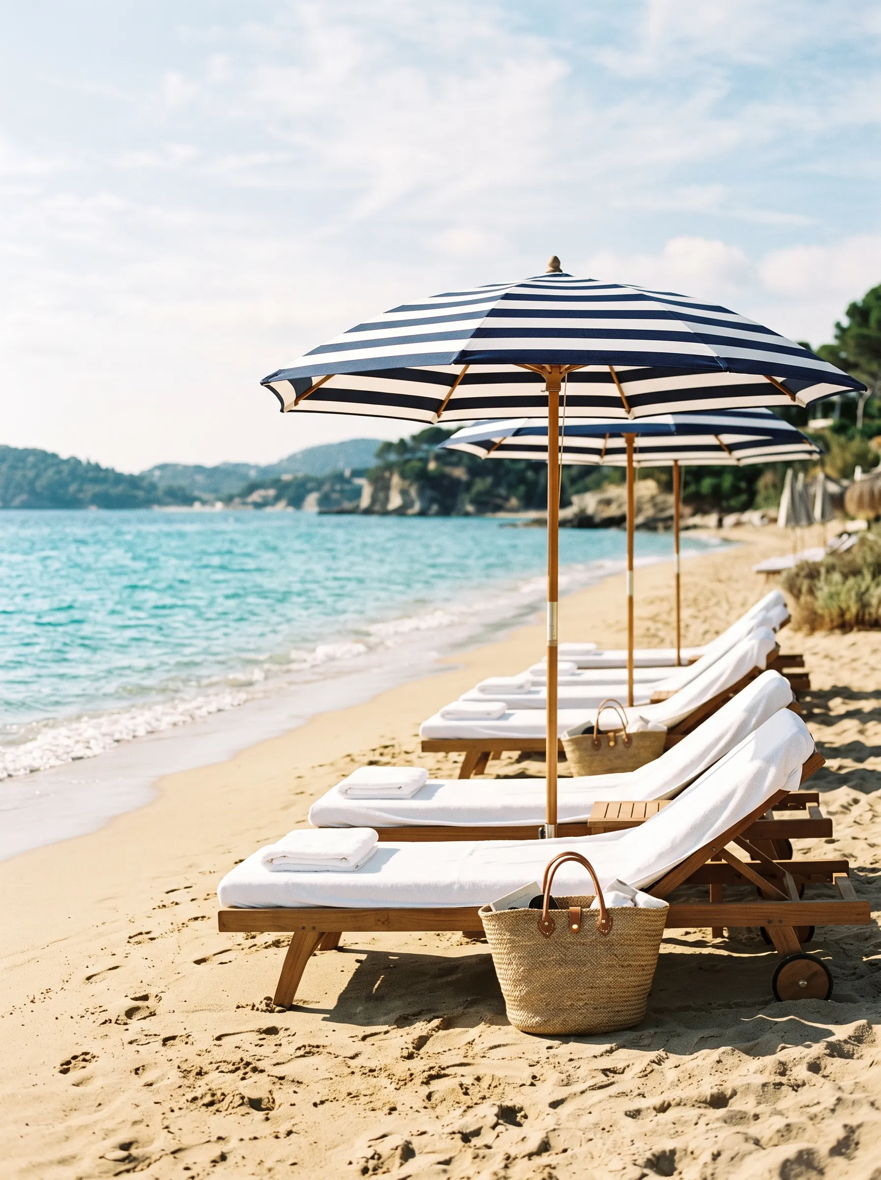 Striped parasols and teak sunbeds on a sandy beach