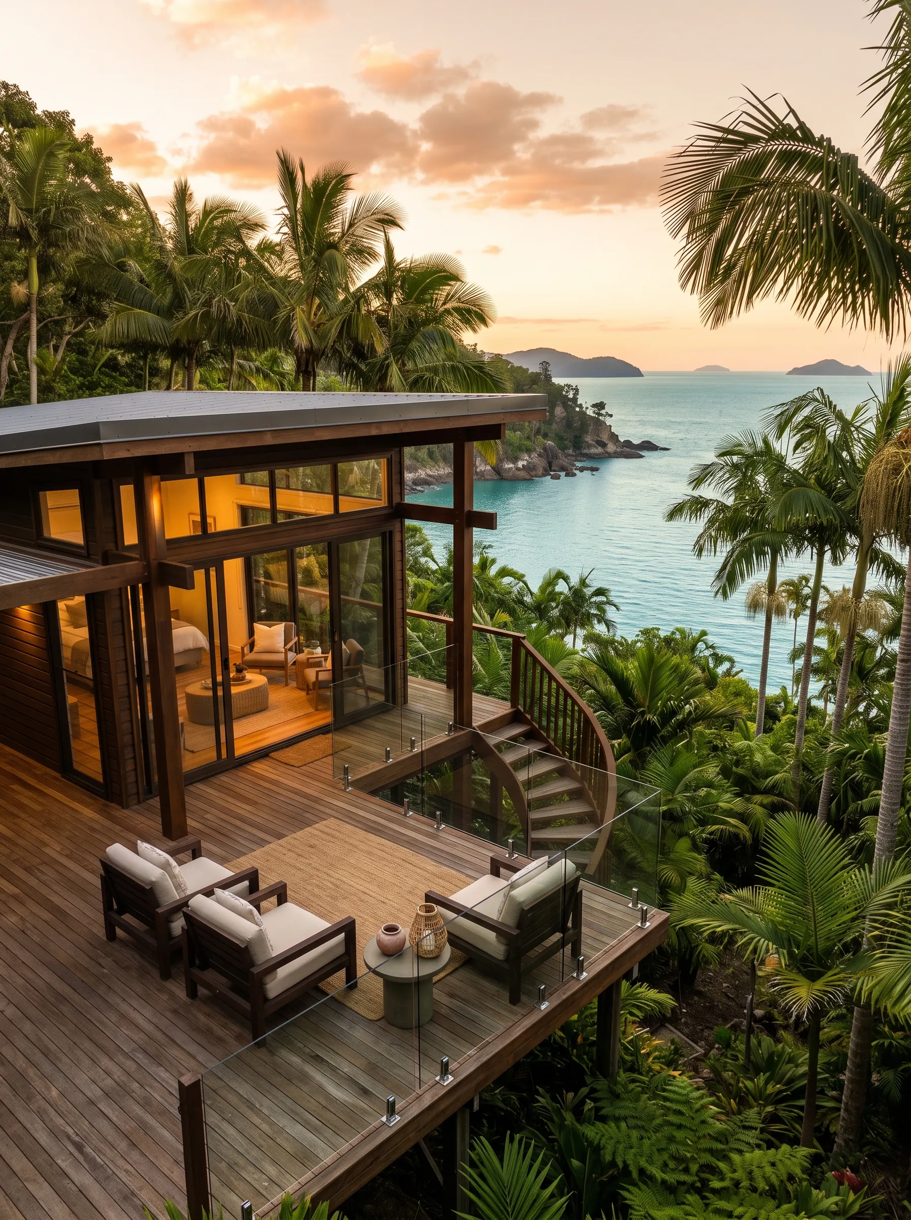 Timber guest cabin among palms with sea view
