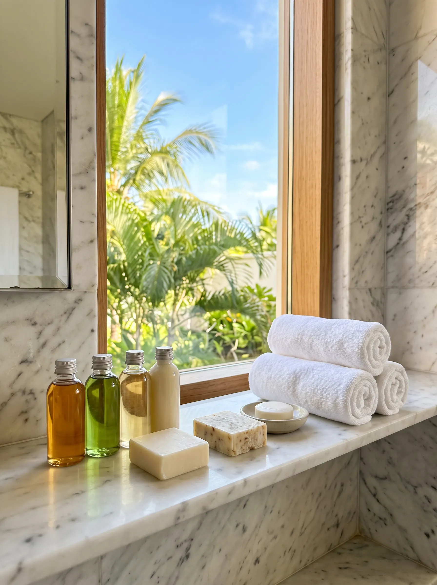 Bathroom amenities on a marble window sill