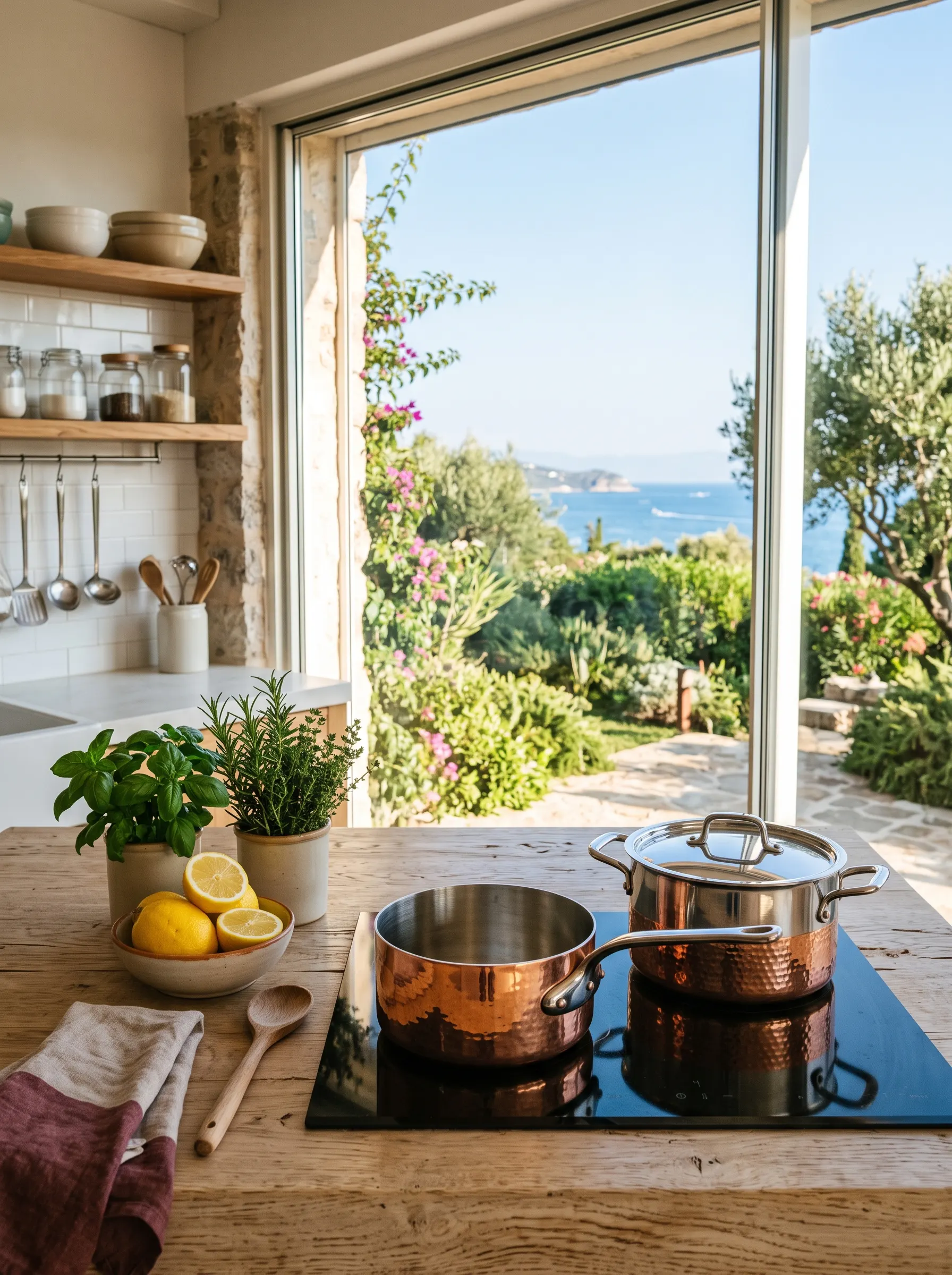 Copper cookware in a sunny kitchen with garden view