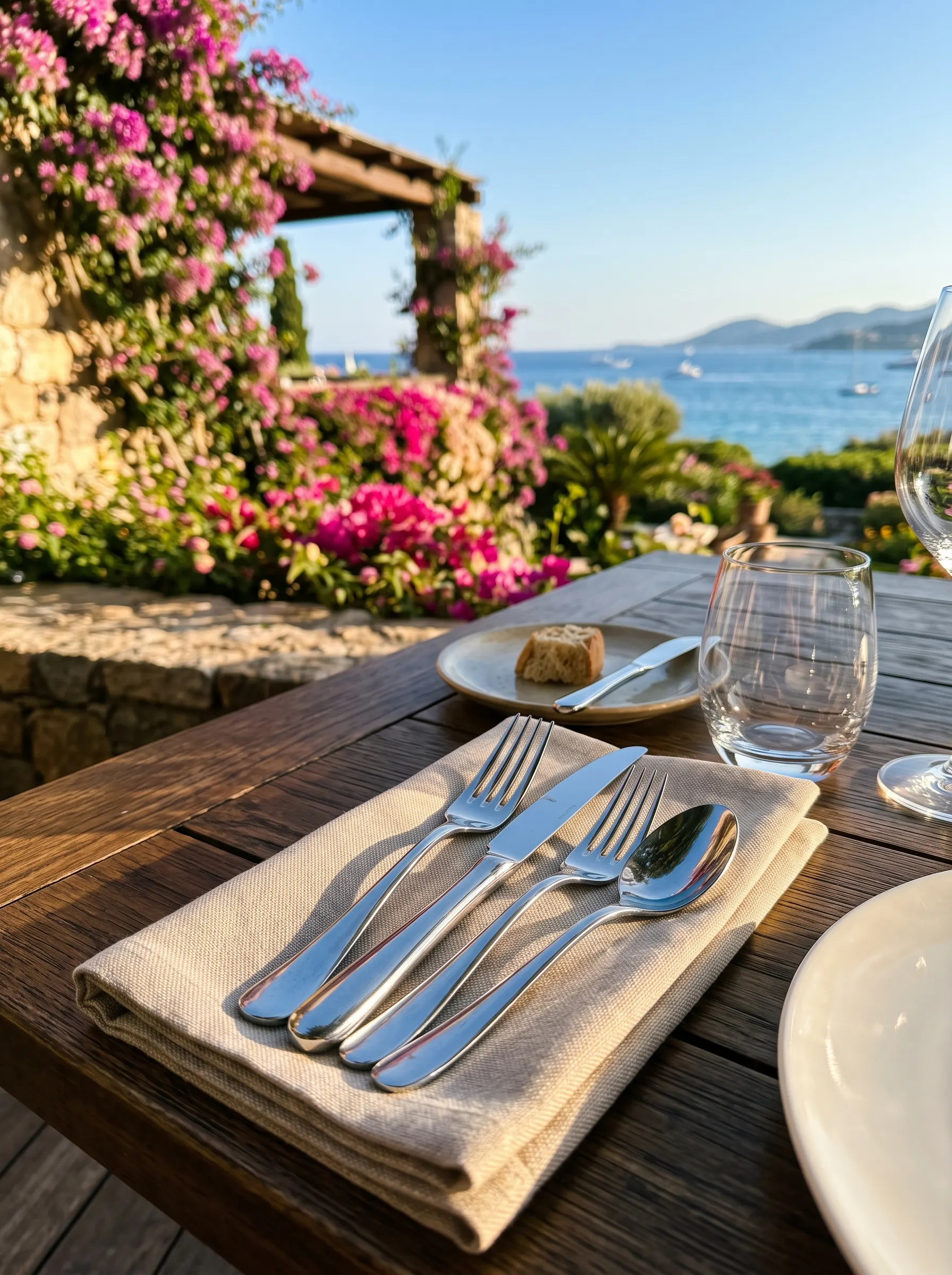 Stainless cutlery on a linen napkin