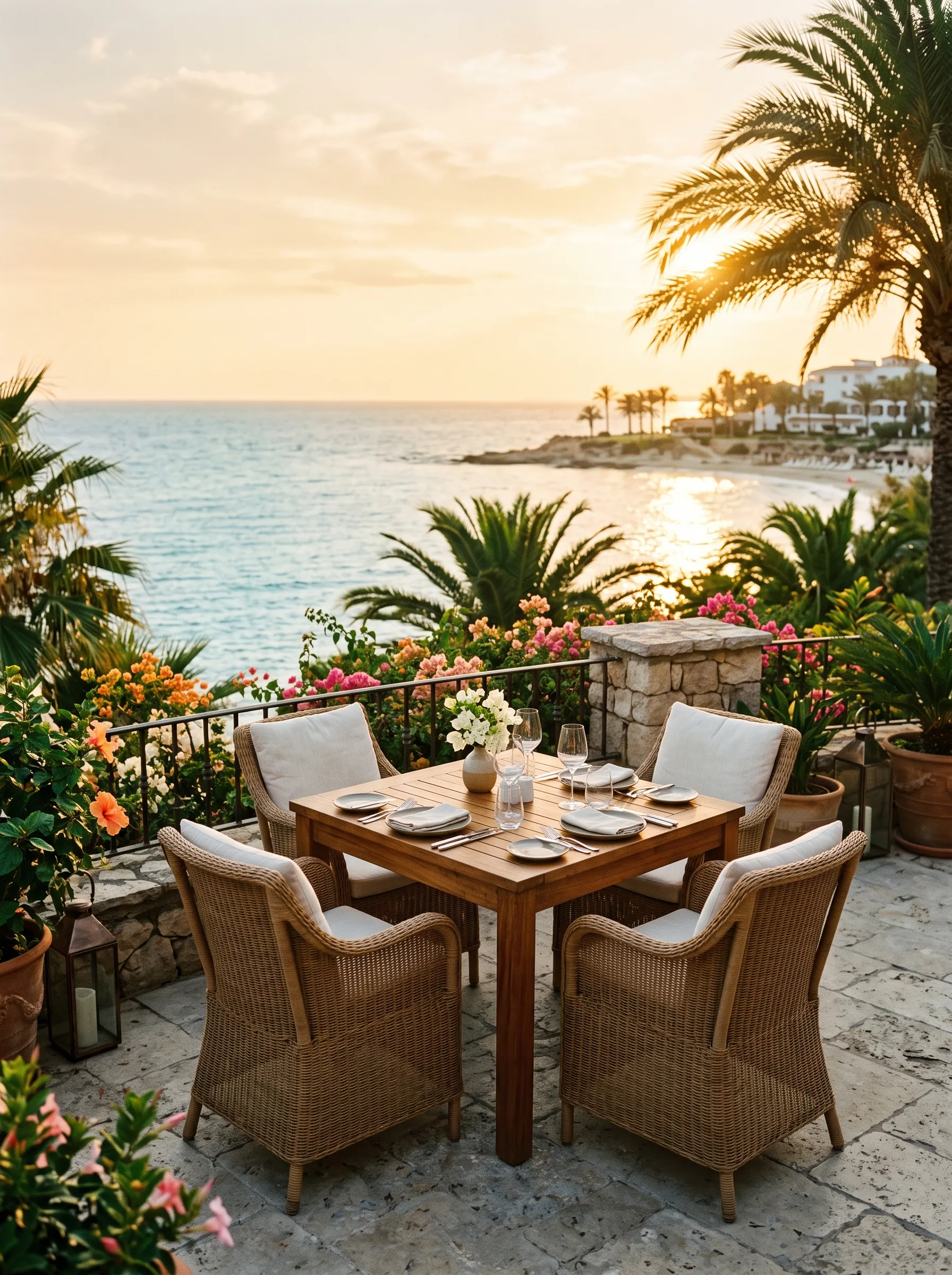 Dining furniture on a terrace overlooking the sea