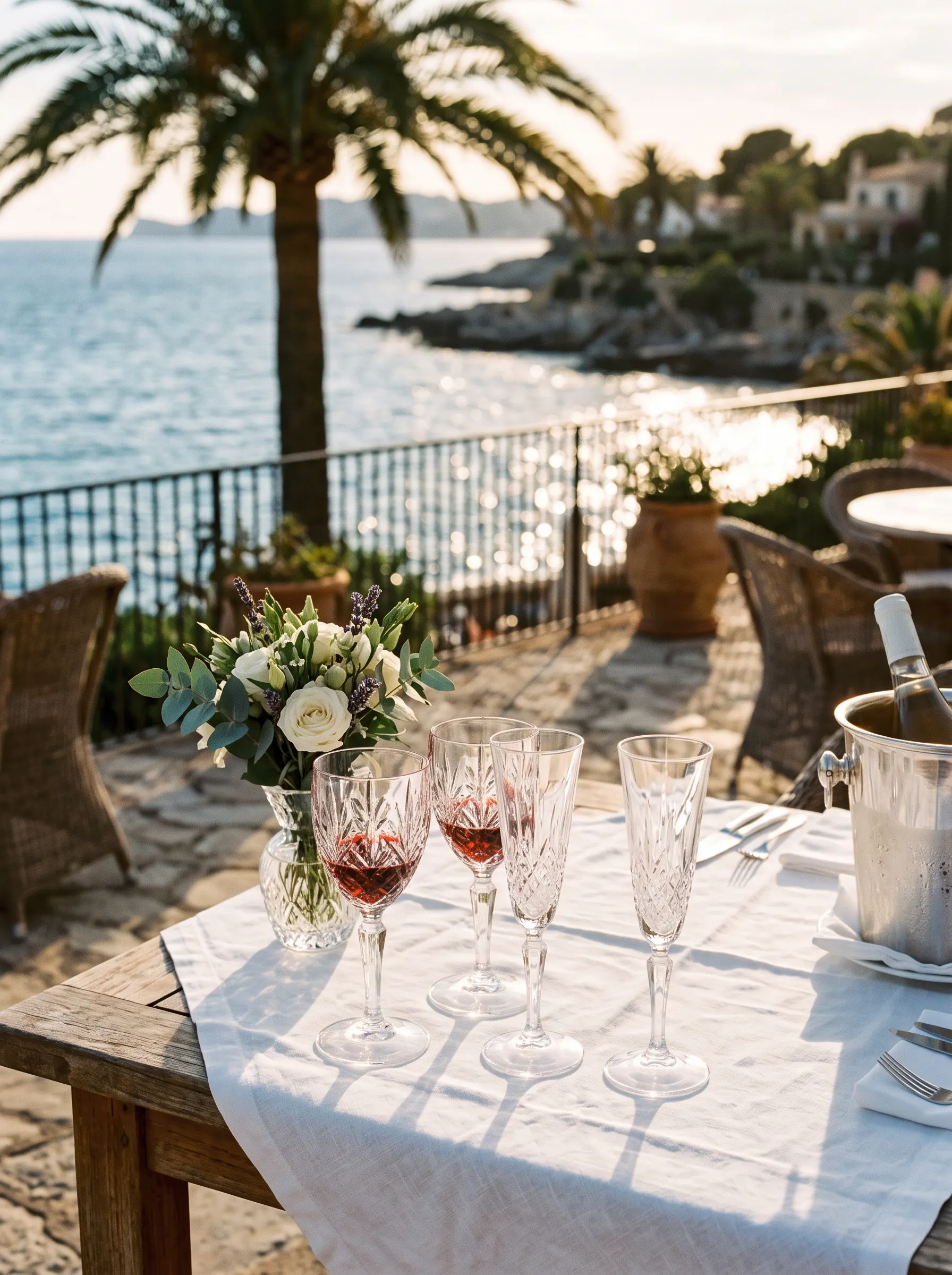 Stemware on a terrace table with sea view