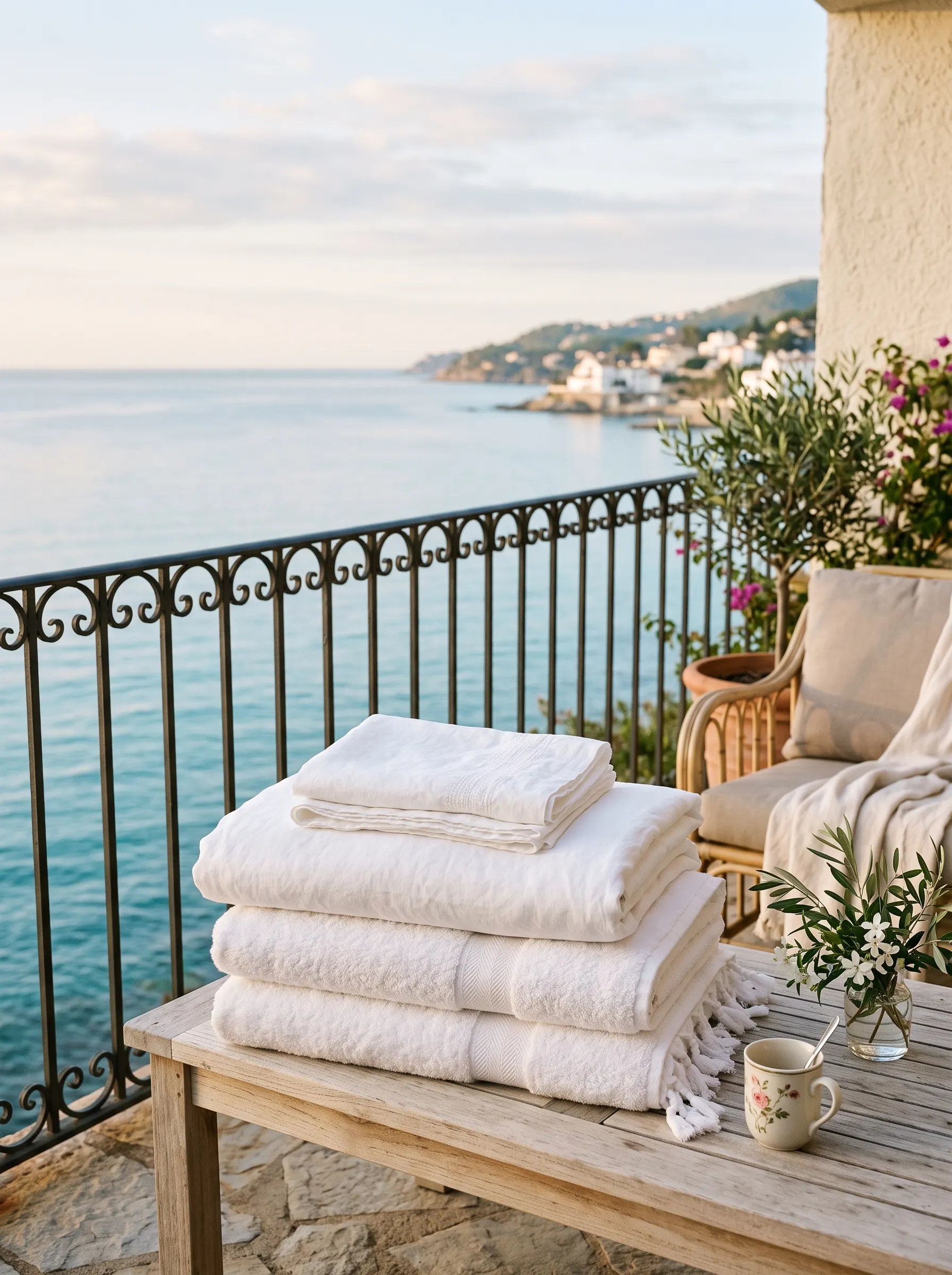 White towels folded on a sunlit balcony