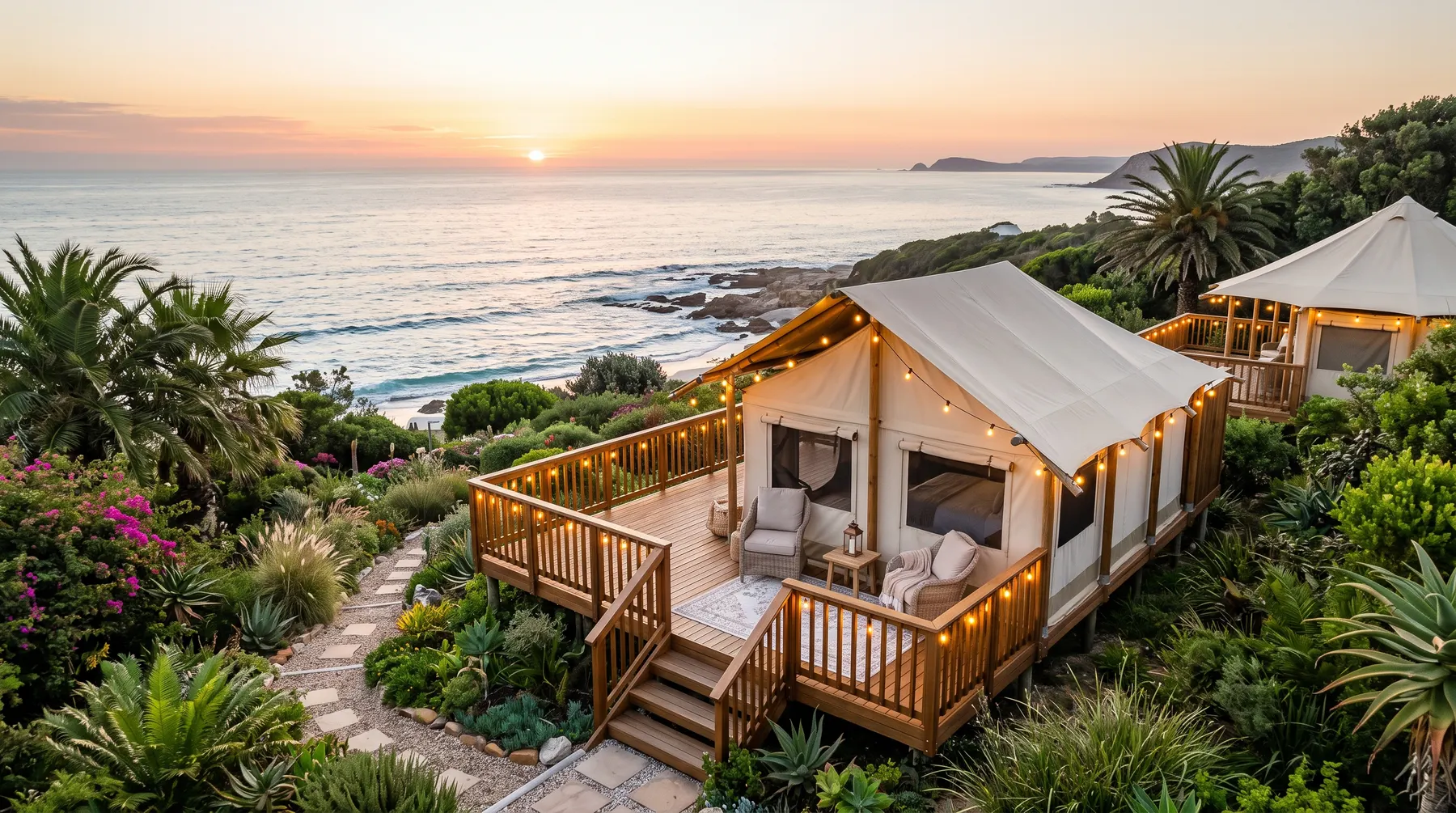Luxury safari guest tents in a lush resort garden