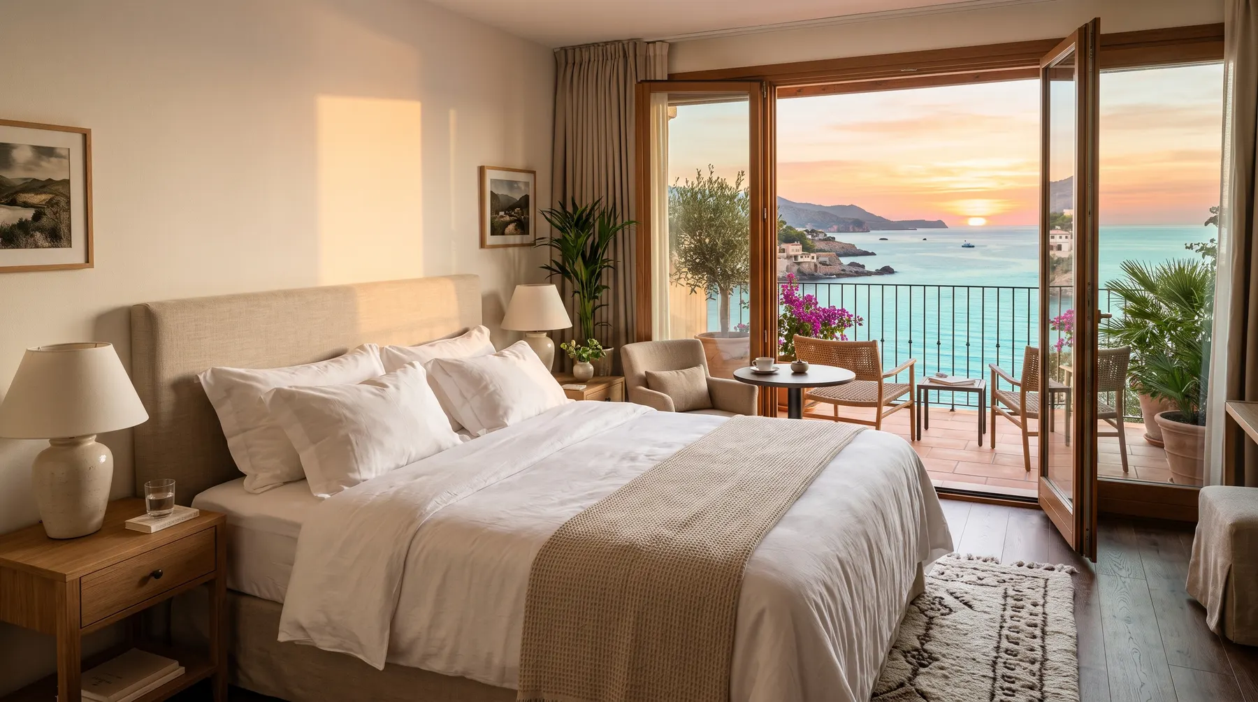 Spacious resort bedroom with floor to ceiling ocean view and terrace in warm morning light