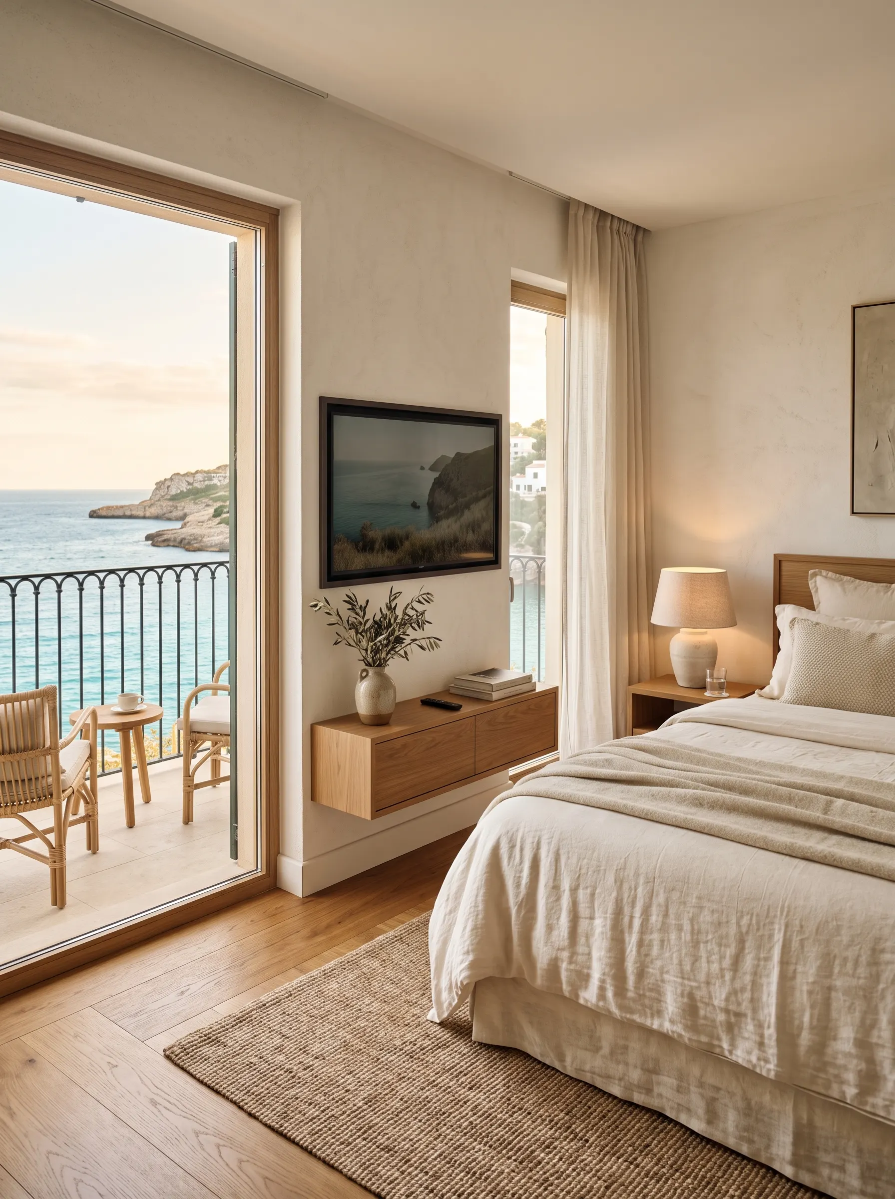Wall mounted smart television in a bright hotel room