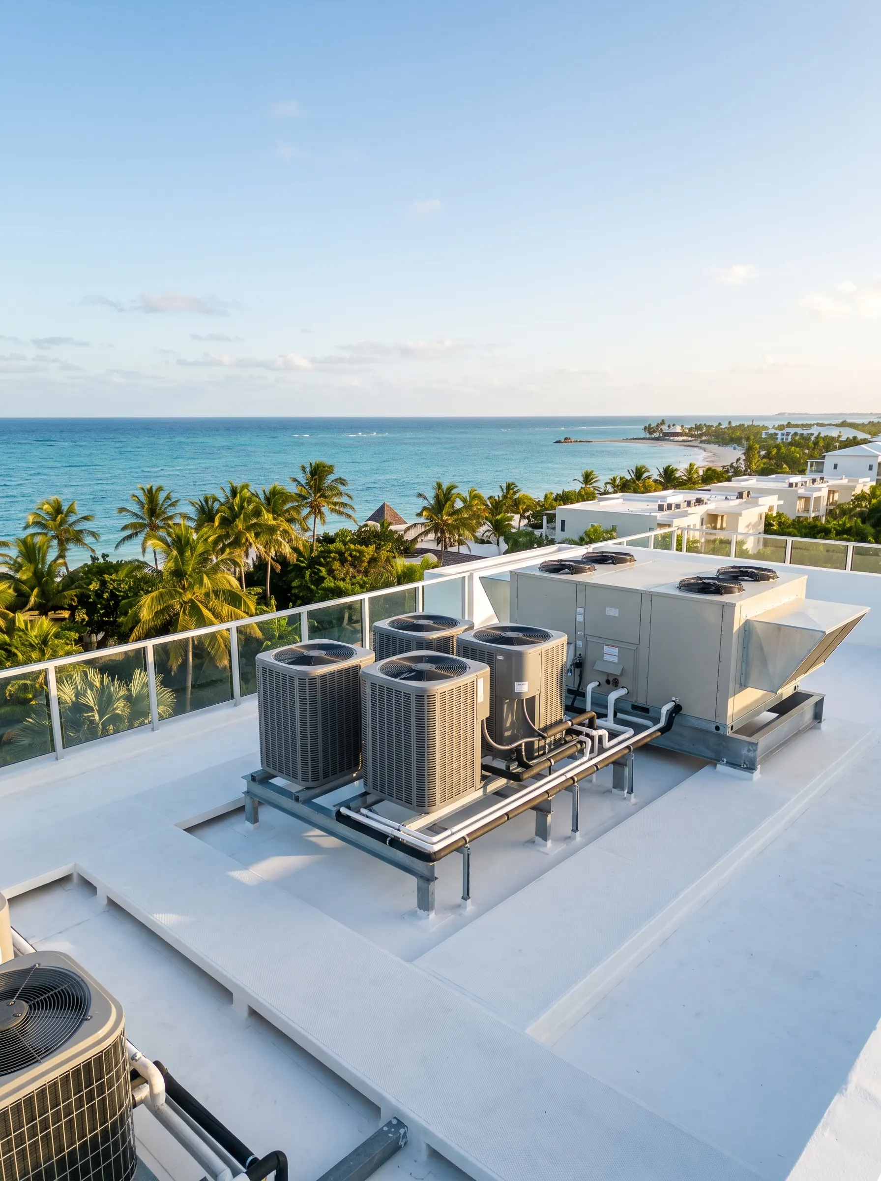 Air conditioning units on a resort rooftop