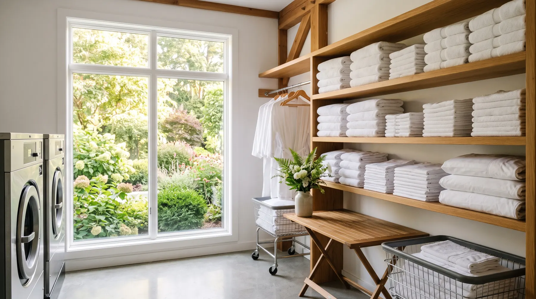 Commercial laundry equipment in a bright hotel facility