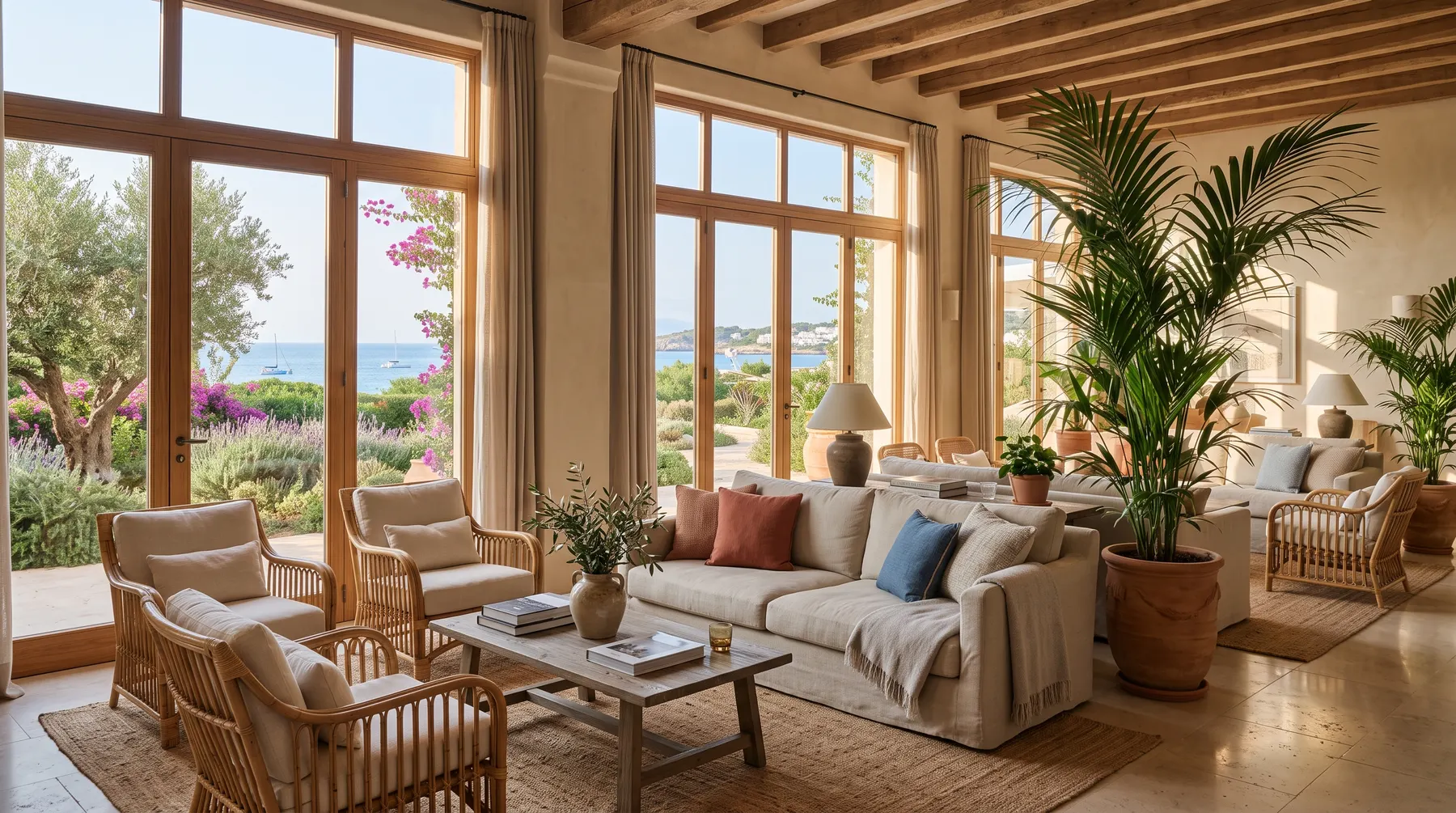 Resort lobby lounge with tall palms and comfortable seating