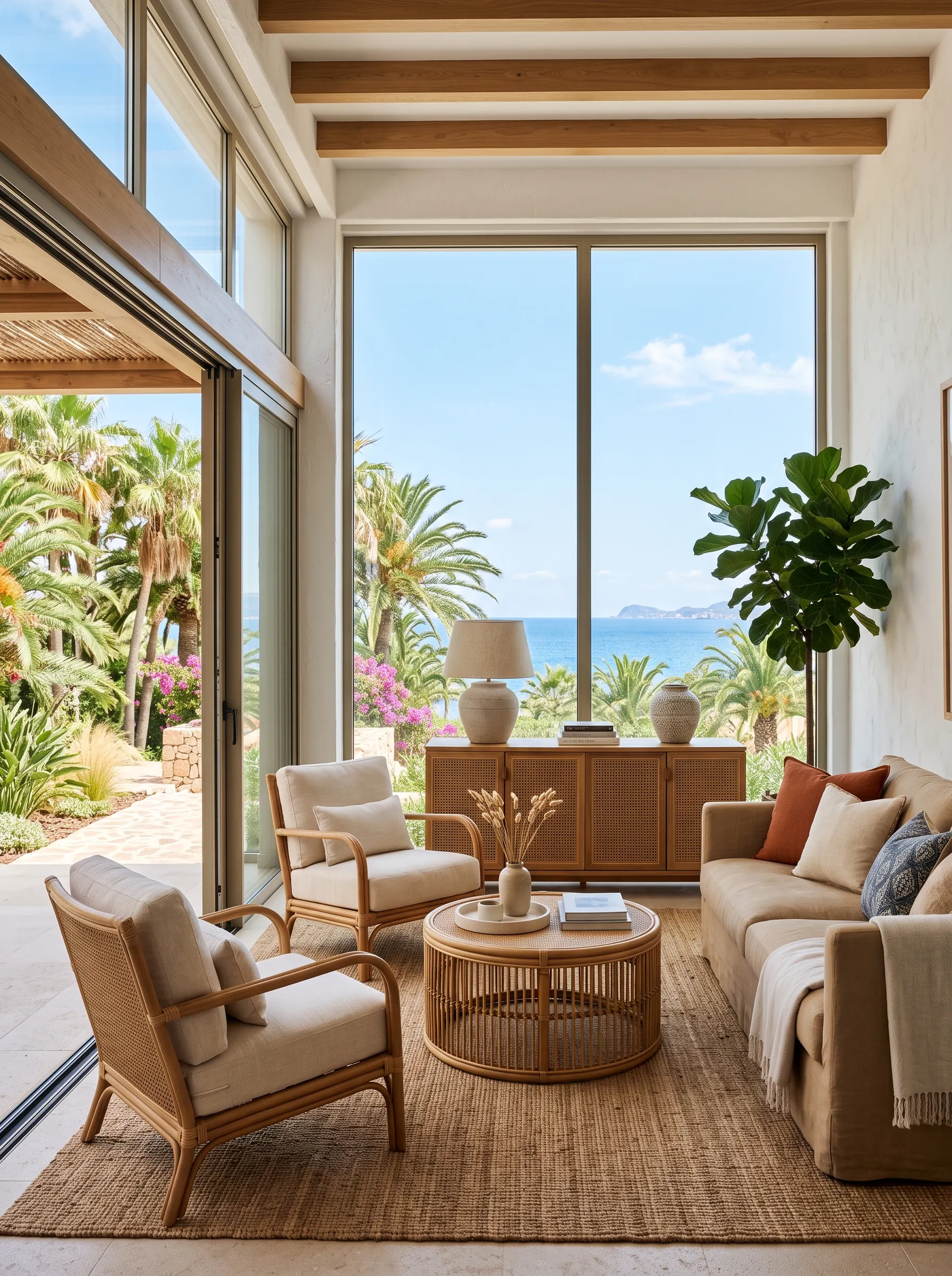 Resort lounge with sofa, armchairs and rattan table