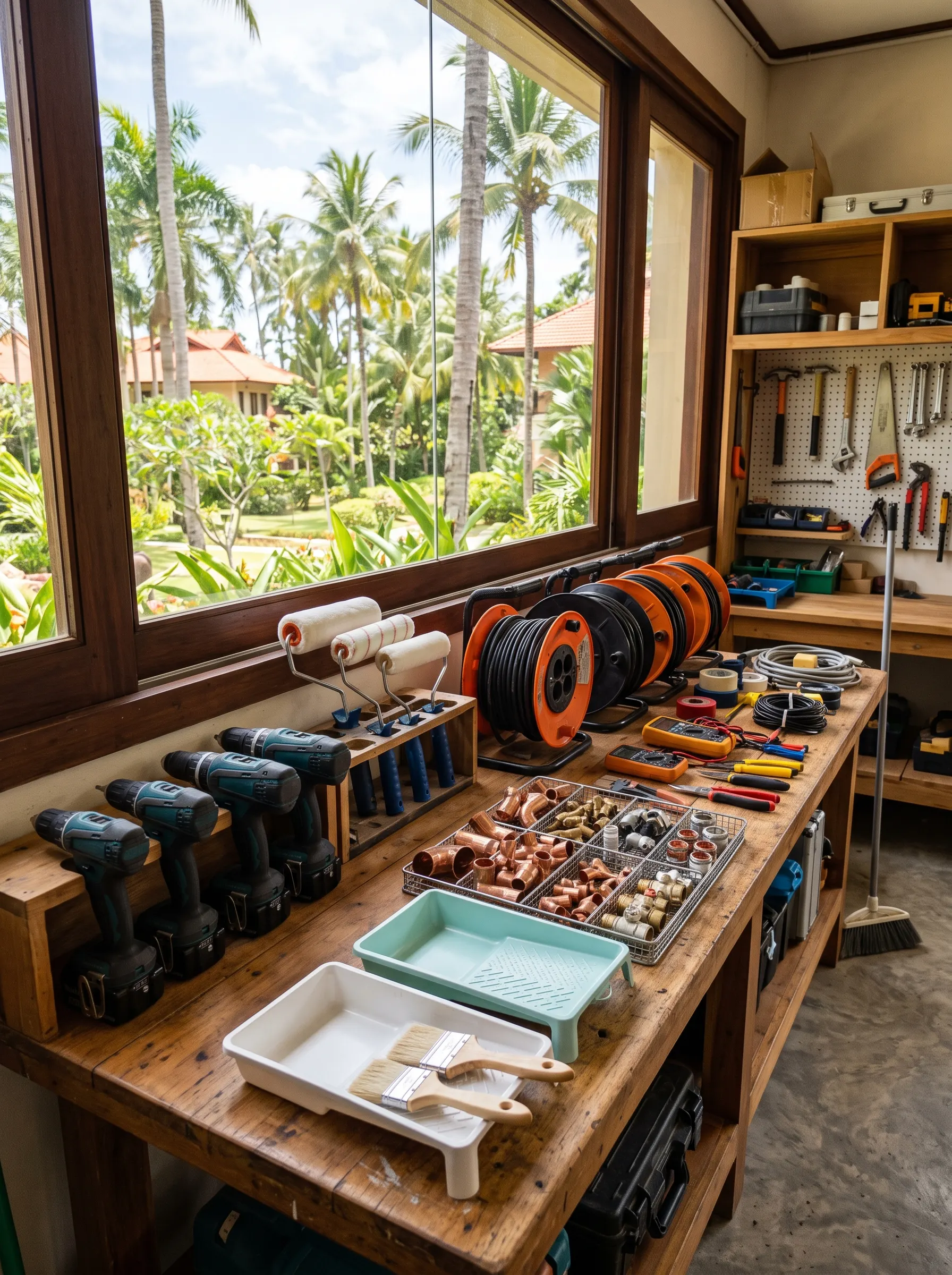 Maintenance tools and materials on a workshop bench