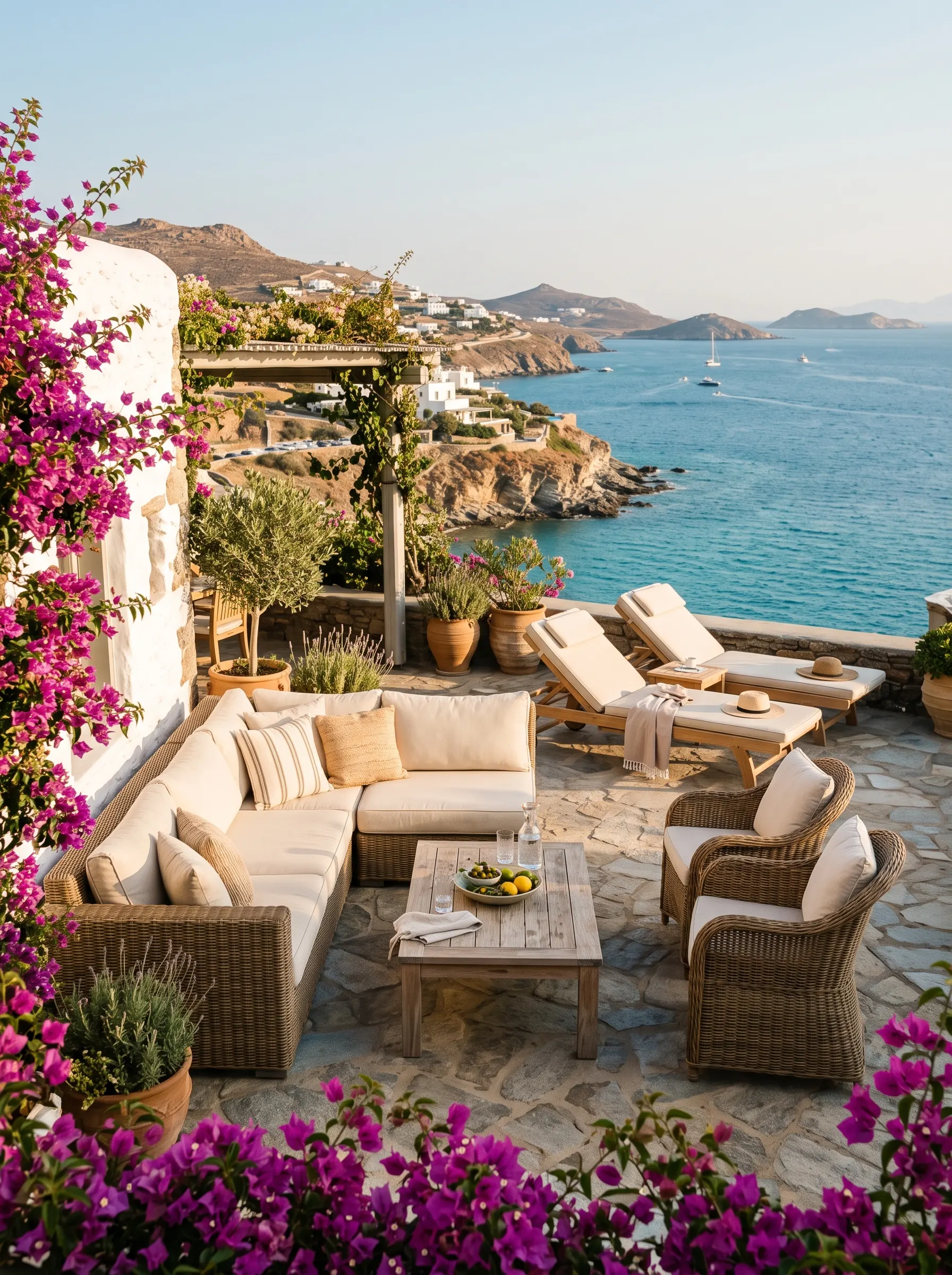 Outdoor sofa, rattan chairs and sunloungers on a terrace