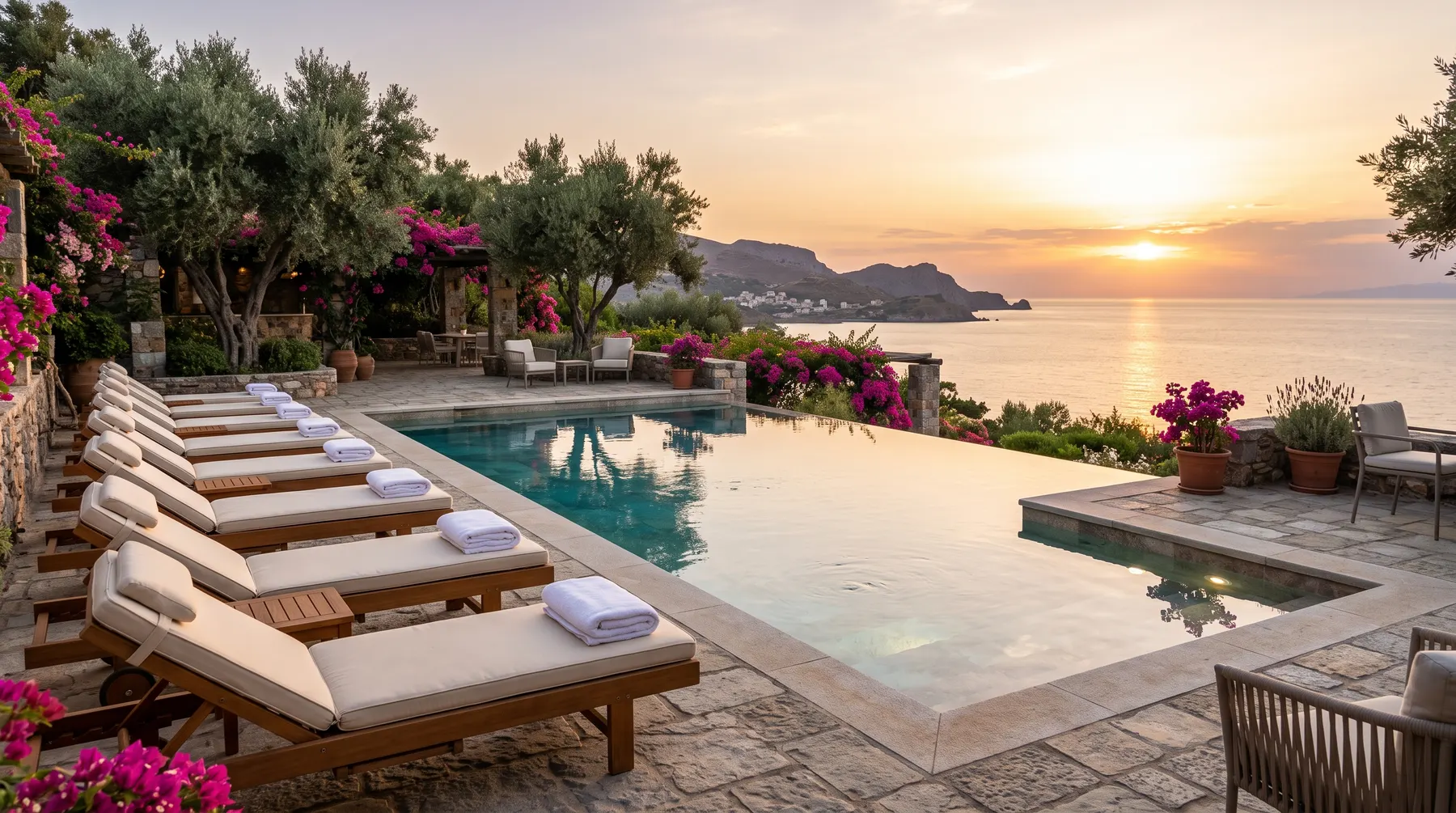 Teak loungers and parasols surrounding a crystal clear resort pool