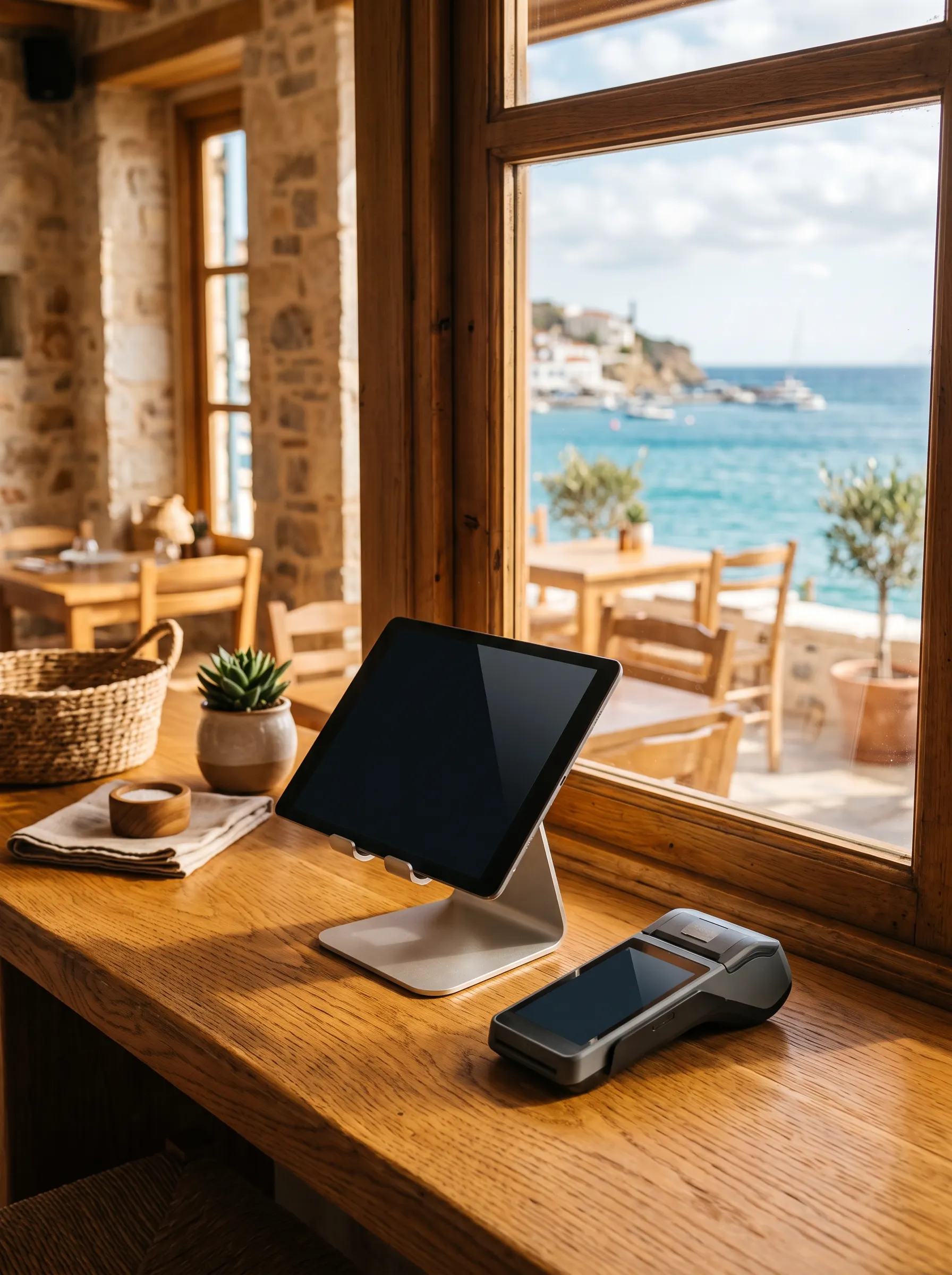 Tablet ordering stand and payment terminal on a restaurant counter
