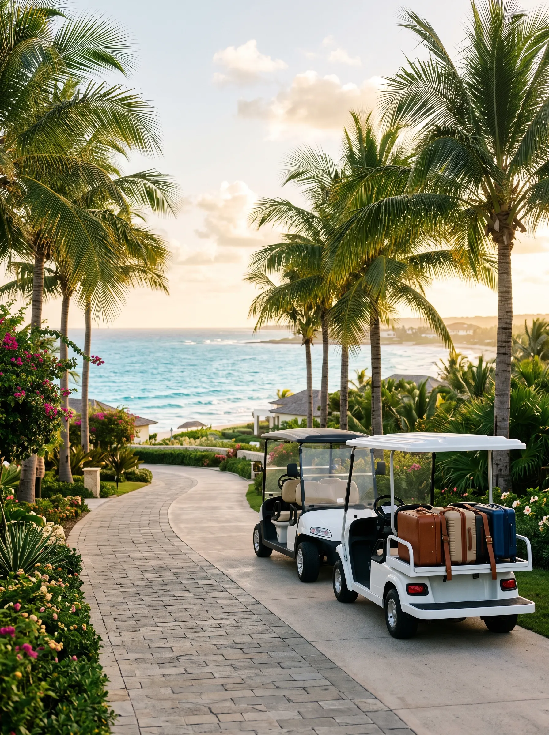 Electric resort carts on a palm lined path