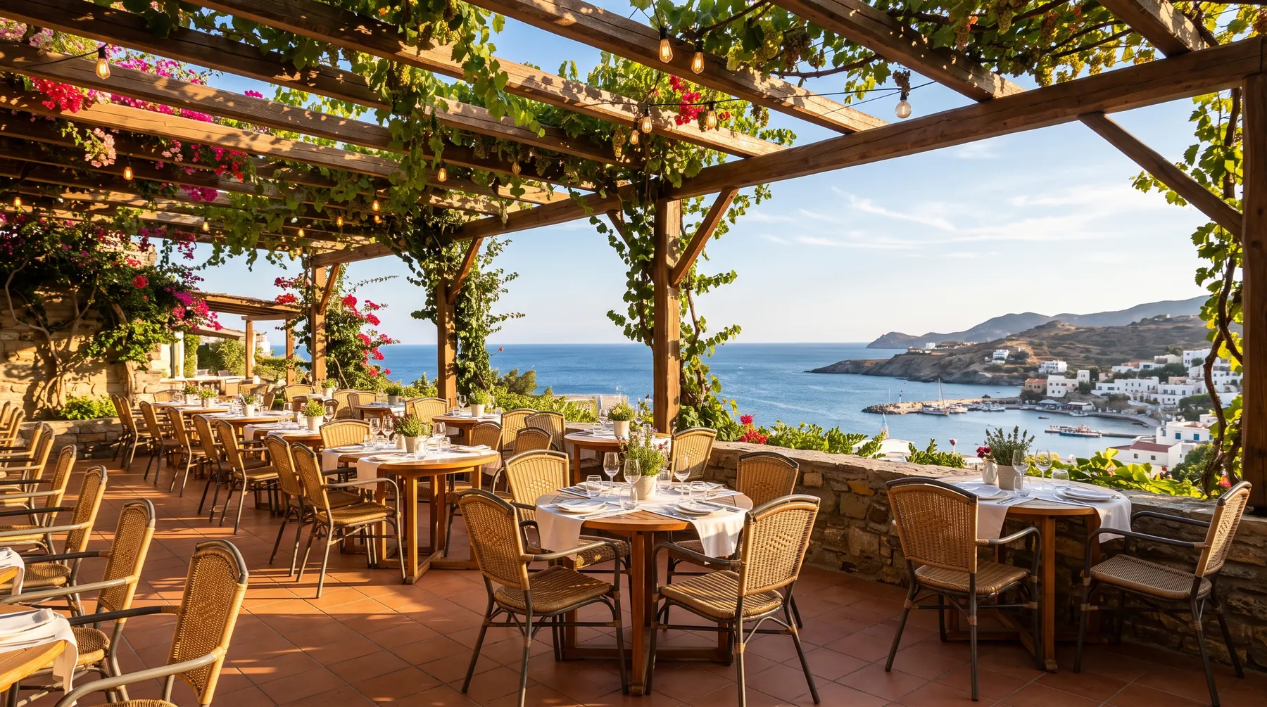 Covered dining terrace with contemporary chairs and tables