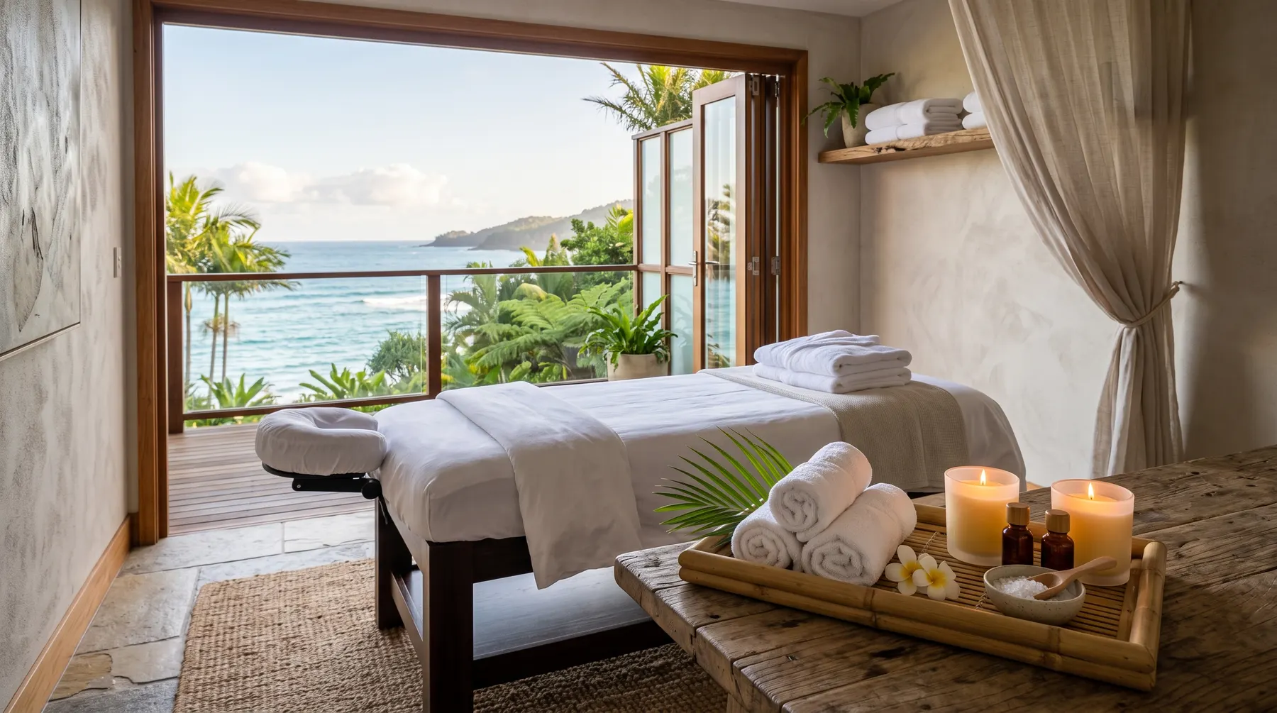 Luxury spa relaxation space overlooking the coastal horizon