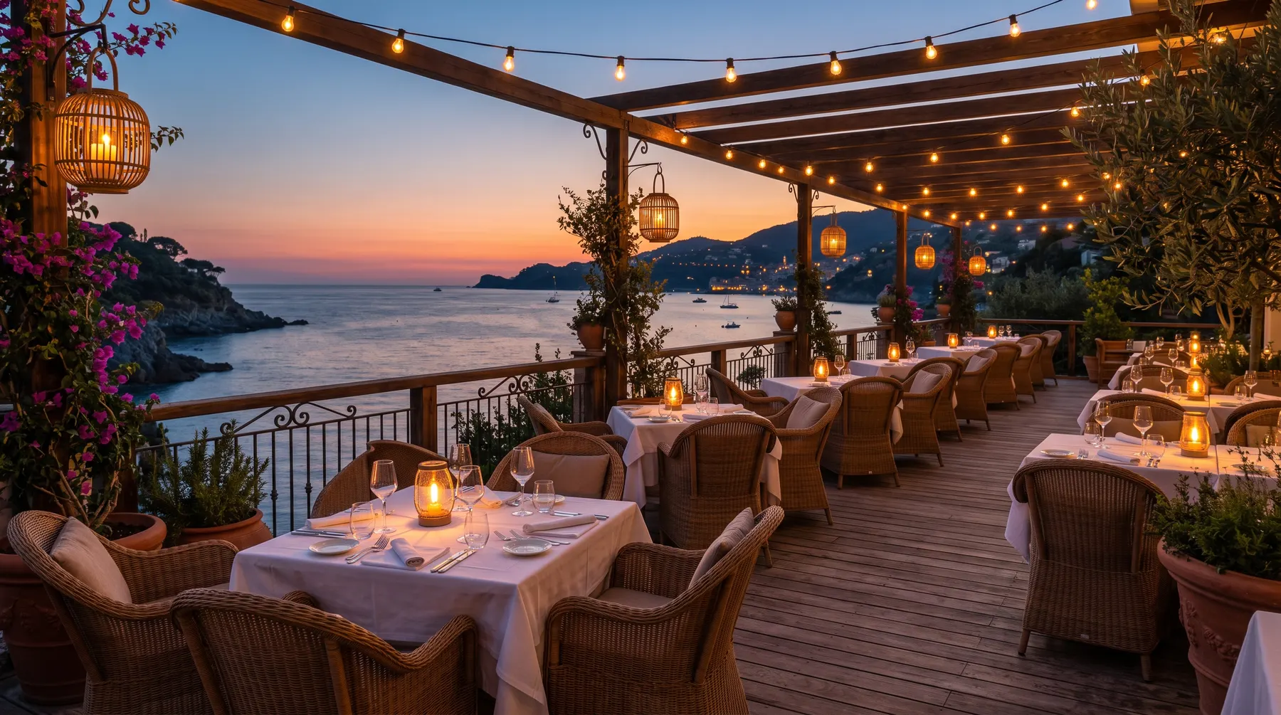 Warm ambient lighting on an evening hotel dining terrace