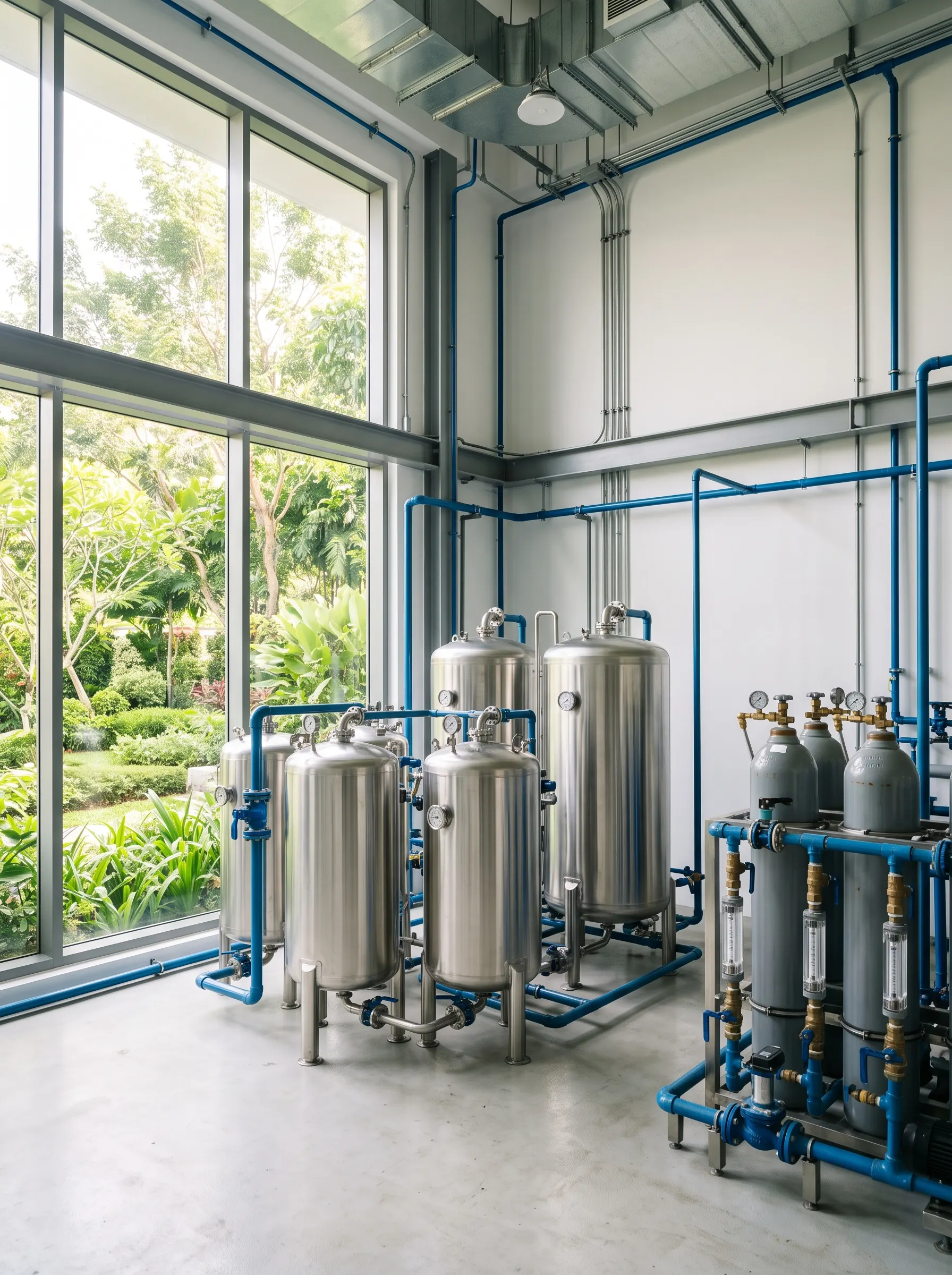 Water filtration vessels in a bright technical room
